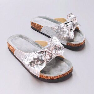 Silver Casual Women's Bow-Decor Rhinestone Sequin Thick Sandals